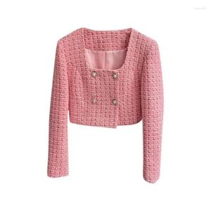 Vestes pour femmes carré rose cou perle bouton brillant soie Tweed parfumé manteau femmes automne 2023 haute qualité dames veste