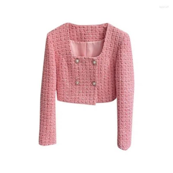 Chaquetas de mujer, abrigo fragante de Tweed de Seda brillante con botones de perlas y cuello rosa cuadrado, chaqueta de mujer de alta calidad para otoño 2023