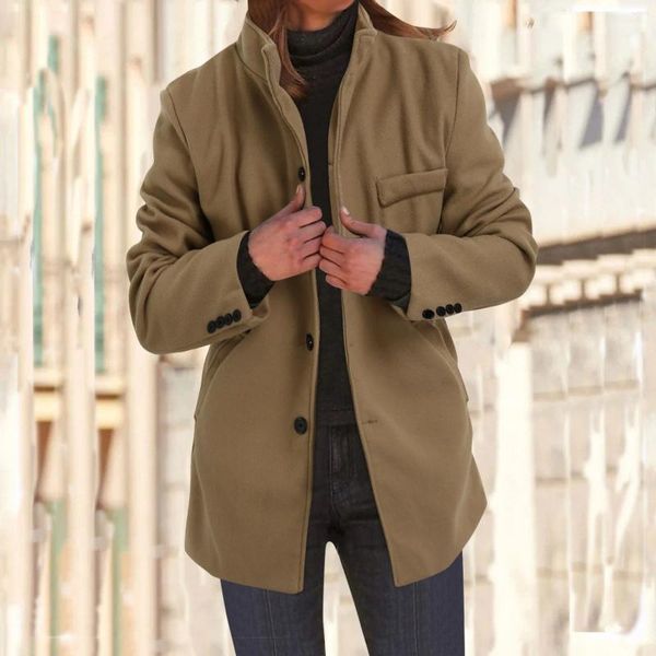 Vestes pour femmes col montant manteau en laine veste 2023 automne hiver solide poche bouton coupe-vent pardessus