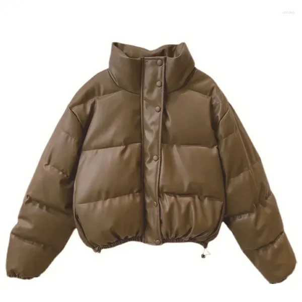 Chaquetas de mujer con cuello levantado, Chaqueta de algodón de cuero PU, abrigo acolchado holgado corto de invierno, ropa de abrigo cálida de béisbol coreana para mujer