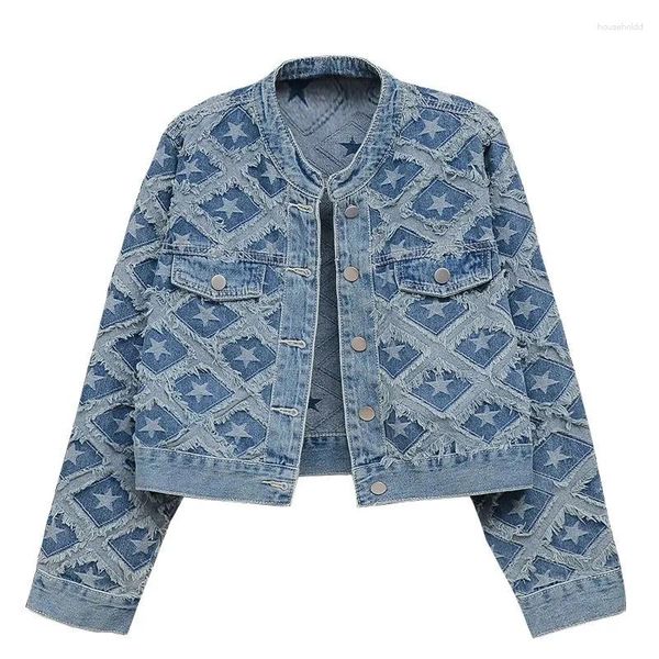 Vestes pour femmes Star Plaid Blue Denim Coton High Street Veste à manches longues Simple boutonnage O-Cou Mode coréenne Manteau court Automne 2024