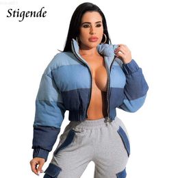 Vestes pour femmes Stigende Femmes Patchwork Parka Puffer Manteau Outwear Dégradé Couleur Parkas Veste Hiver Chaud Lâche Fermeture Éclair Rayé Denim Crop Top L230724