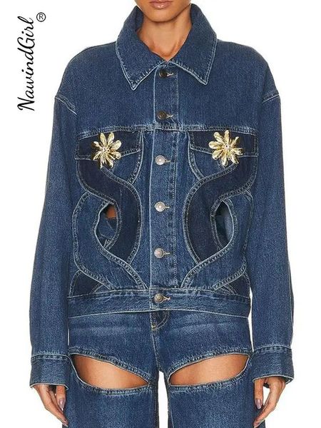 Vestes pour femmes Streetwear évider veste en jean pour femmes décontracté à manches longues croisé revers manteaux été INS mode Y2K Vintage hauts 231026