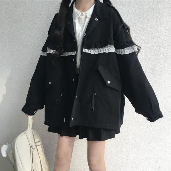 Vestes pour femmes Étudiant Japonais Preppy Dentelle Patchwork Outillage Veste Femmes Vintage Harajuku Casual Lâche Manteau Unique Poitrine Outwear