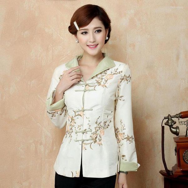 Chaquetas de mujer Estilo Mujeres Abrigo con cuello vuelto Bordado Floral Chino tradicional Chaqueta de manga larga mejorada Office Lady Outwear