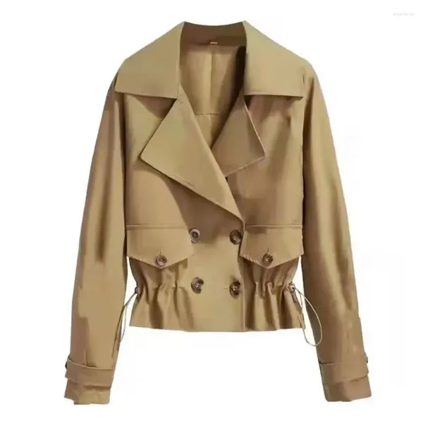 Chaquetas de mujer Abrigo de mujer elegante Chaqueta de doble botonadura Cuello de solapa Detalle de bolsillo de cintura elástica para moda