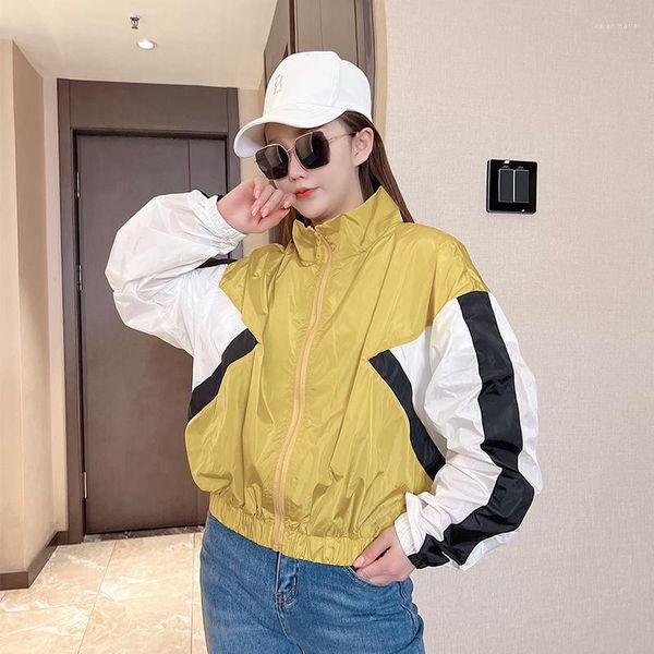 Chaquetas de mujer verano 2023 mujeres Stand Collar Color bloque corto protección solar chaqueta amarillo rosa gris Casual suelta manga larga Mujer