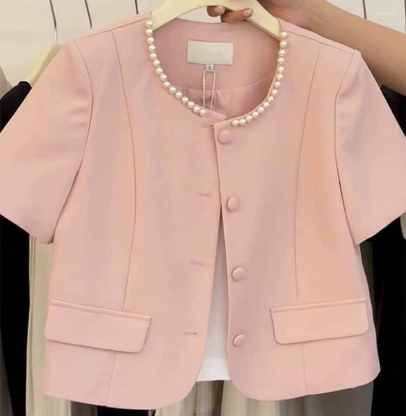 Chaquetas de mujer Traje rosa con cuentas de verano Delgado 2023 Moda Chaqueta corta Damas Edad Reducción Top Outwear Coat Coreano Japón
