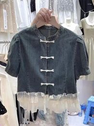 Vestes pour femmes Summer Chinois Disc Button Shirt for Women Splice Splice Mesh Ruffle Edge Bubble Sleeves Loose Short Denim Coat Tops
