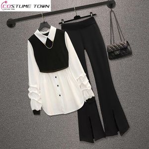 Vestes pour femmes Été Chemise en mousseline de soie plissée Blazer Pantalon évasé décontracté Twopiece Costume élégant Tenues de rue pour 2023 231127