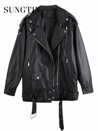 Vrouwen Jackets Sungtin Black Pu Leather Women met riem oversized Koreaanse losse motorfiets faux mode causale bovenkleding 221130