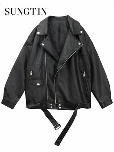 Women's Jackets Sungtin Women Loose Pu Leather Jacket Black Soft Faux Leather Jacket Street Moto Biker Leather Coat Jacket Lady Casual Outerwear 230313