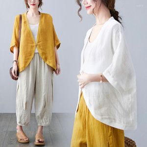 Vestes pour femmes crème solaire vêtements 2023 rétro littéraire coton lin manteau col ample sept manches couleur unie