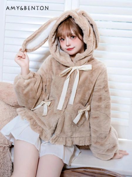 Jackets de mujer dulce niña imitar rex pelaje pelaje de pelusa para mujeres otoño invierno japonés kawaii espesas orejas con capucha cálidas