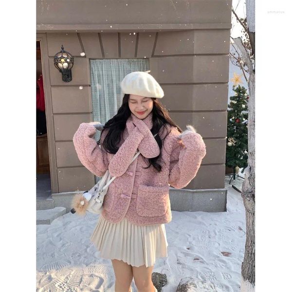 Chaquetas de mujer dulce niña rosa imitación lana de cordero abrigo de algodón invierno suelto cuerno botón de manga larga moda ropa femenina