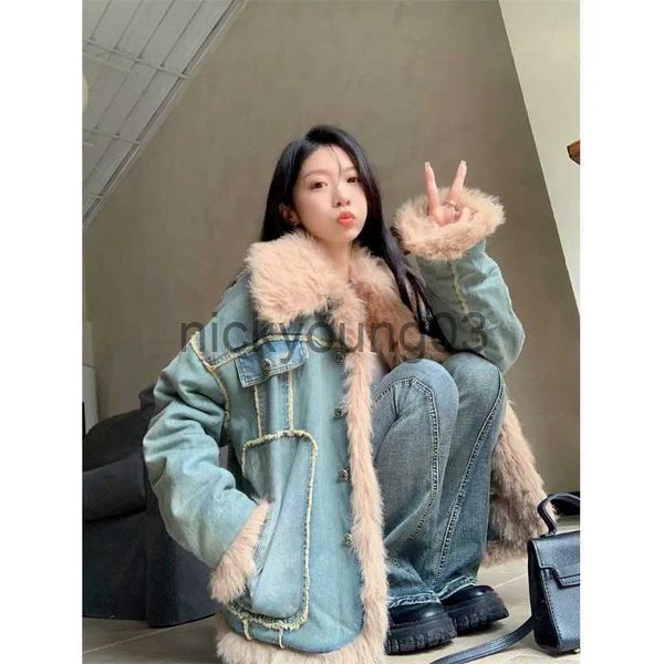 Vestes pour femmes Sweet Hot Girl peluche Patchwork Denim coton veste pour les femmes en automne coupe ample longueur moyenne épaissie peluche coton veste J231113