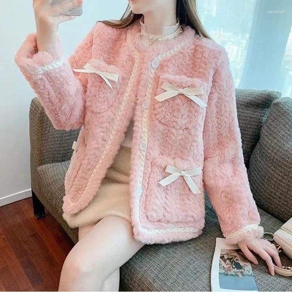 Chaquetas de mujer Sweet Pink Bowknot Chaqueta de piel sintética Mujeres Coreanas Elegante O Cuello Corderos Abrigos de lana Mujer Invierno Manga larga Cálido Felpa Outwear