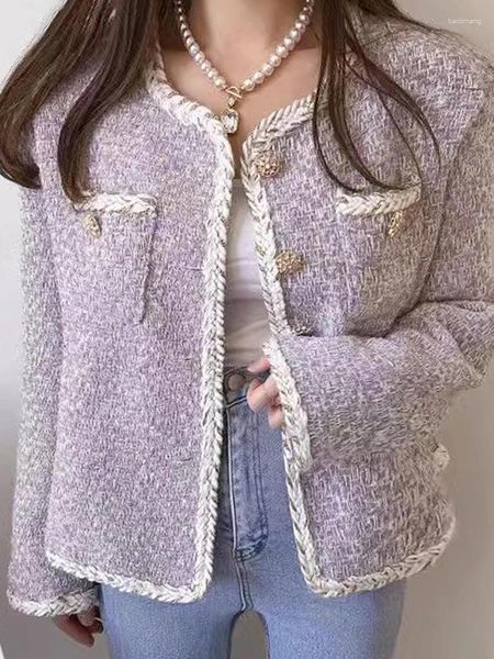 Chaquetas de mujer Sweet Women Purple Tweed Jacket Single Breasted Pocket Patchwork Abrigo suelto 2023 Otoño Invierno Ropa exterior X401