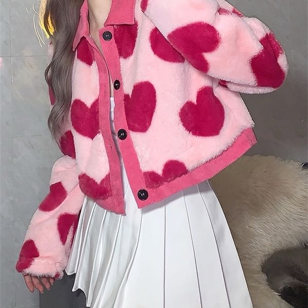 Chaquetas de mujer Sylcue Pink Girl Youth Cute All-Match Love Contraste Lana Suelta Cómoda y flexible Botón de abrigo corto para mujer 220924