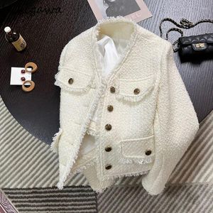 Vestes Femmes Tempérament Manteau Vêtements V-Col Tunique À Manches Longues Blanc Crop Tops 2023 Ropa Mujer Vintage Gland Mode 27r056