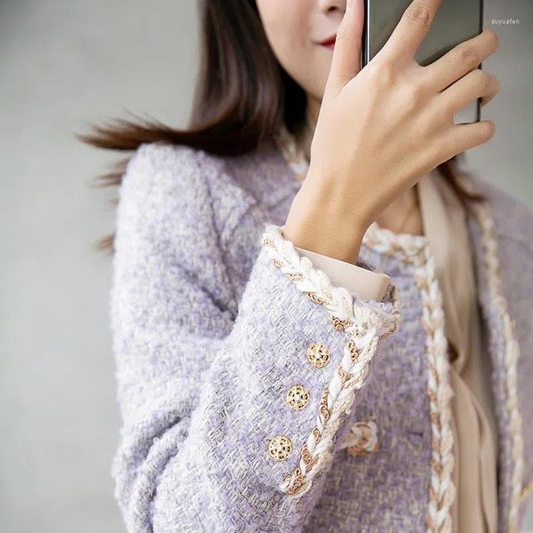 Chaquetas de Mujer, chaqueta de Tweed púrpura con temperamento, cárdigan de otoño con cuello redondo, abrigo a cuadros a medida, ropa de Mujer, Chaquetas acolchadas para Mujer