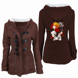 Vestes pour femmes The Promised Neverland Anime Print Hoodies Warm Cosplay Merch Horn Botton Hooded Zipper Femmes Sportswear Outfits 2022