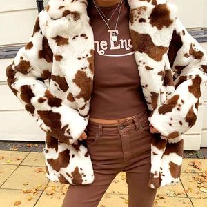 Jassen voor dames dikker koeprintjack jassen herfst winter warm plus fleece dames kleding chique streetwear revers revees lange mouw uit het kader