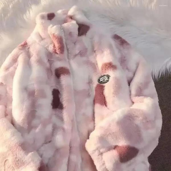 Chaquetas de mujer Tie Dye chaqueta de lana de cordero 2024 niña Otoño Invierno cremallera prendas de vestir exteriores cálida felpa Harajuku abrigo grueso suelto femenino