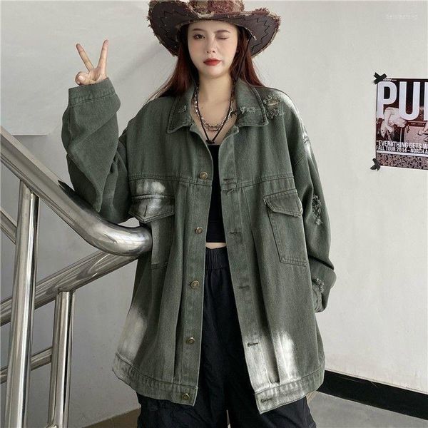 Vestes pour femmes cravate teint percé veste en jean femmes printemps et automne 2023 vert foncé vêtements de travail Vintage rue mode décontracté