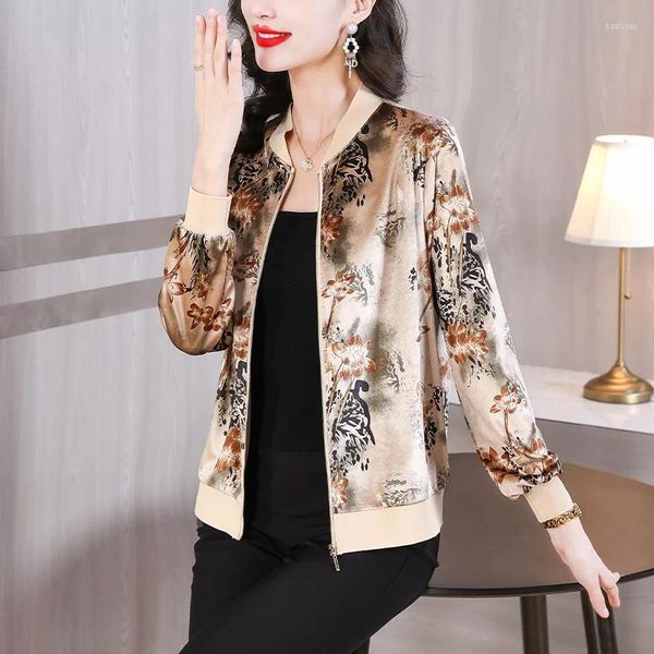 Chaquetas de mujer TingYiLi Vintage estampado floral Terciopelo beige para mujer Otoño con cremallera Ropa de abrigo y abrigos Chaqueta de béisbol de estilo coreano