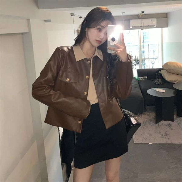 Vestes pour femmes Tonngirls Automne Femmes Faux Cuir Manteau À Manches Longues O-cou Simple Poitrine Dames Veste En Cuir Style Coréen Streetwear Casual