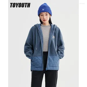 Vestes Femmes Toyouth Femmes Manteau en peluche 2024 Hiver Manches longues Sweats à capuche en vrac Splicing Diamond Check Jacket Casual Warm Tops