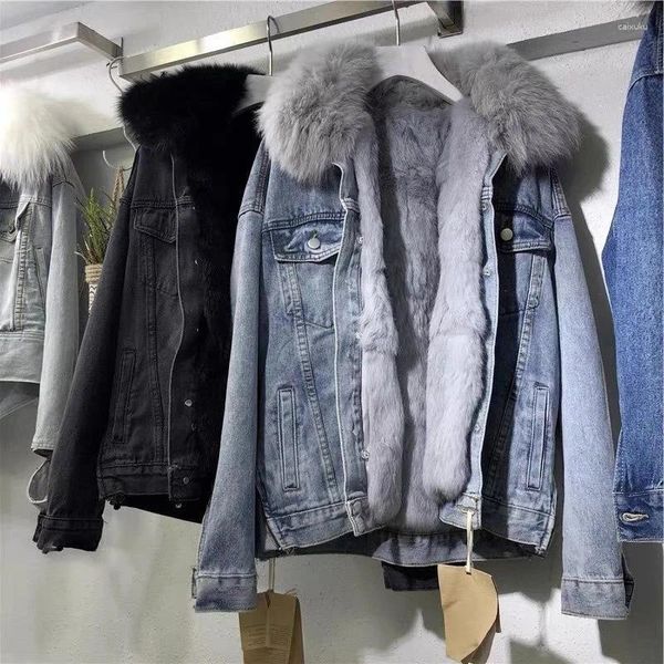 Vestes Femmes TPJB Hiver Chaud Basic Femmes Manteau Grand Col De Fourrure Denim Veste Femme Froid Moto Vêtements De Survêtement Polaire Épais Pardessus