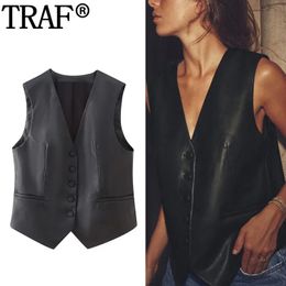 TRAF 2023 Mouwloos Zwart Vest Dames Kunstleer Voor Dames Mode Knop Cropped Vest Y2K Herfst Basic Jas 231012