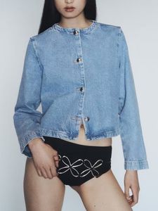 Vestes Femmes TRAF Automne Femmes Denim Veste Bleu Jean Recadrée Veste Femme À Manches Longues Bomber Vestes pour Femmes Streetwear Ripped Manteaux 230925