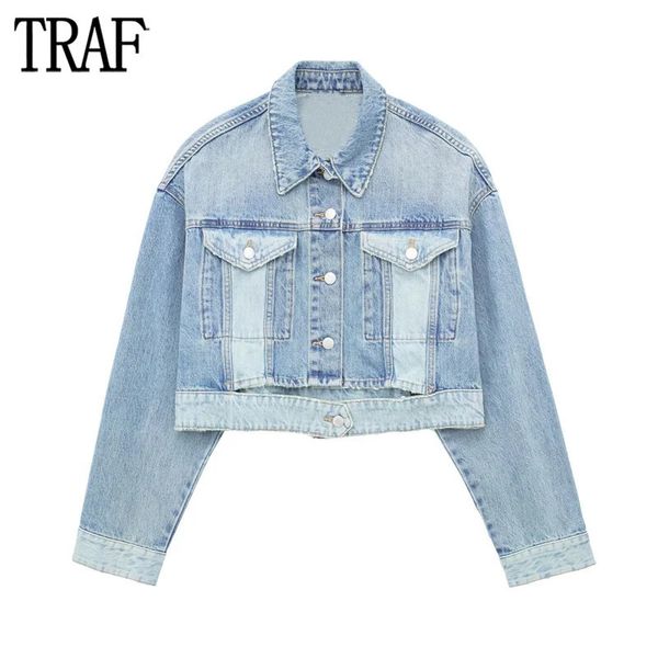 Vestes pour femmes TRAF Blue Denim Veste Femmes Recadrée Bomber Femme Manches Longues Oversize pour Streetwear Cut Out Manteaux 231025