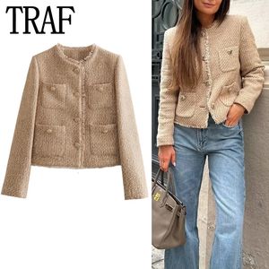 Damesjassen TRAF Kameel Tweed Jas Dames Gerafeld Herfst Cropped Jasje Damesmode Lange mouwen Elegante damesjassen Knop Korte jassen 230919