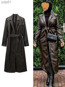 Damesjassen TRAF Kunstleer Trenchcoat voor dames 2023 Nieuwe collectie Herfstjassen Windjacks Lange mouwen met riem BovenkledingL231016