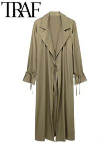 Damesjassen traf Spring mode vrouwen overjassen sexy met vastgebonden stitch lange mouw kantup longline trench jas vrouwelijke top outderwar 230419