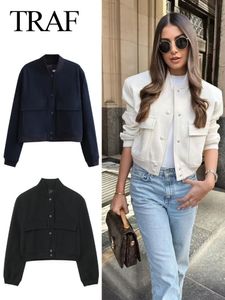 Women's Jackets TRAF Vintage Solid Long Sleeve Bomber Jacket Spring Women Casual Coats Streetwear 2023 Female Elegant Lapel Zipper Jakcet 230817