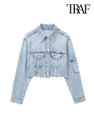 Vestes Femmes Traf Femmes Mode Poches Patches Ripped Denim Veste Courte Manteau Vintage Manches Longues Effilochées Hems Femelle Survêtement Chic Tops