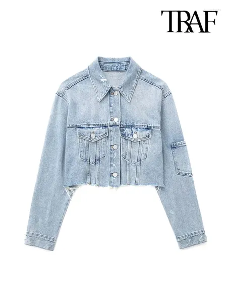 Vestes Femmes Traf Femmes Mode Poches Patches Ripped Denim Veste Courte Manteau Vintage Manches Longues Effilochées Hems Femelle Survêtement Chic Tops