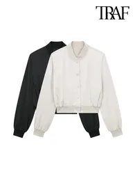 Vestes Femmes TRAF Femmes Mode Poches latérales Satin Cropped Bomber Jacket Manteau Vintage Manches longues Bouton-pression Femme Vêtements de dessus Chic Tops