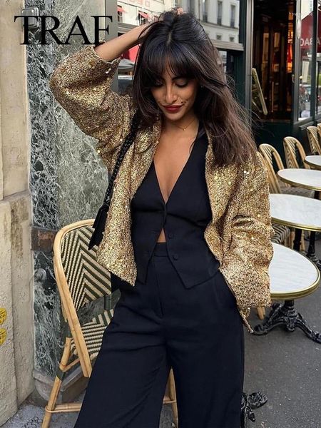 Vestes pour femmes Traf Femmes Sequin Shinny Croped Veste 2024 Vintage Femme Automne Stand Collier à manches longues Color Gold Lady Chic