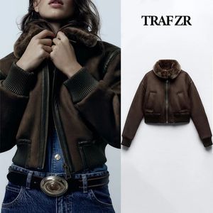 Vestes pour femmes Traf ZR Winter 2023 Manteau de fourrure en cuir Y2K Vêtements d'extérieur en polaire Zipup Tops courts 231114