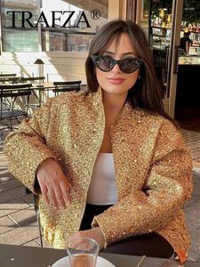 Chaquetas de mujer TRAFZA 2023 abrigo de otoño para mujer moda decoración de lentejuelas doradas manga larga chaqueta recortada suelta mujer con pliegues femenino