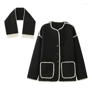 Chaquetas de mujer 2023 otoño moda mujer negro crochet bufanda abrigo o cuello manga larga botón recto casual vintage femenino acogedor