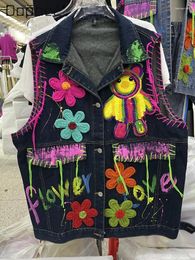 Damesjacks Trendy Brand Denim Vest for Women 2024 Zomer noodlijdende cartoon borduurwerk losse kleur bijpassende mouwloze korte jas