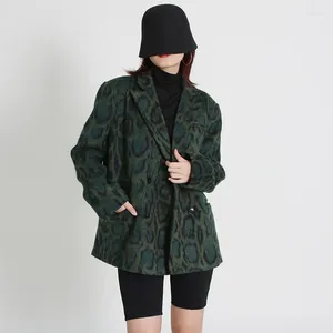 Vestes pour femmes, style rétro, petit costume, col polo, manches longues, imprimé léopard vert, ample, à la mode, automne 2024