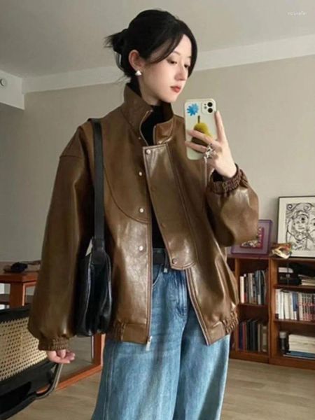 Chaquetas De Mujer Moda Y2k Estética All Match Punk Abrigos Coreano Vintage Sólido Suelto Grunge Tops Moda Japonesa Chaqueta De Cuero Informal